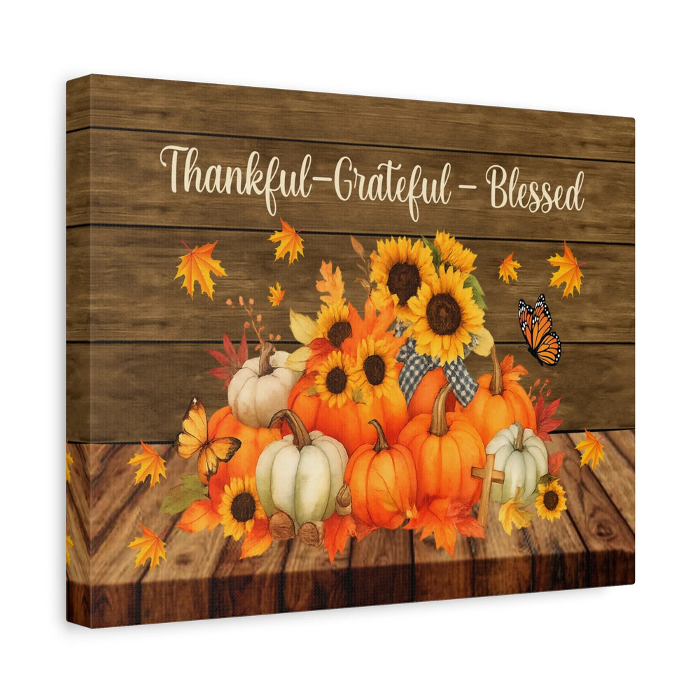 Thankful Grateful Blessed Pumpkin Canvas Wall Art Rustic Autumn Decor